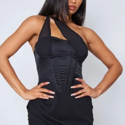 Robe Moulante En Mesh Noir à Corset Satiné Avec Armatures Et Lanières