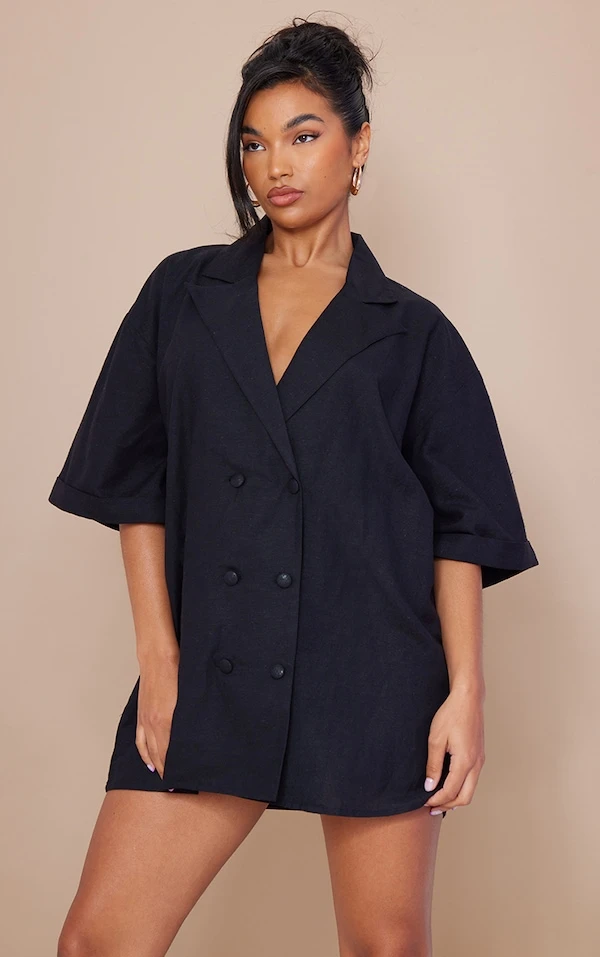 Robe Blazer Noire Effet Lin Oversize à Manches Courtes Et Double Boutonnière 3 Robe Blazer Noire Effet Lin Oversize à Manches Courtes Et Double Boutonnière – Image 3