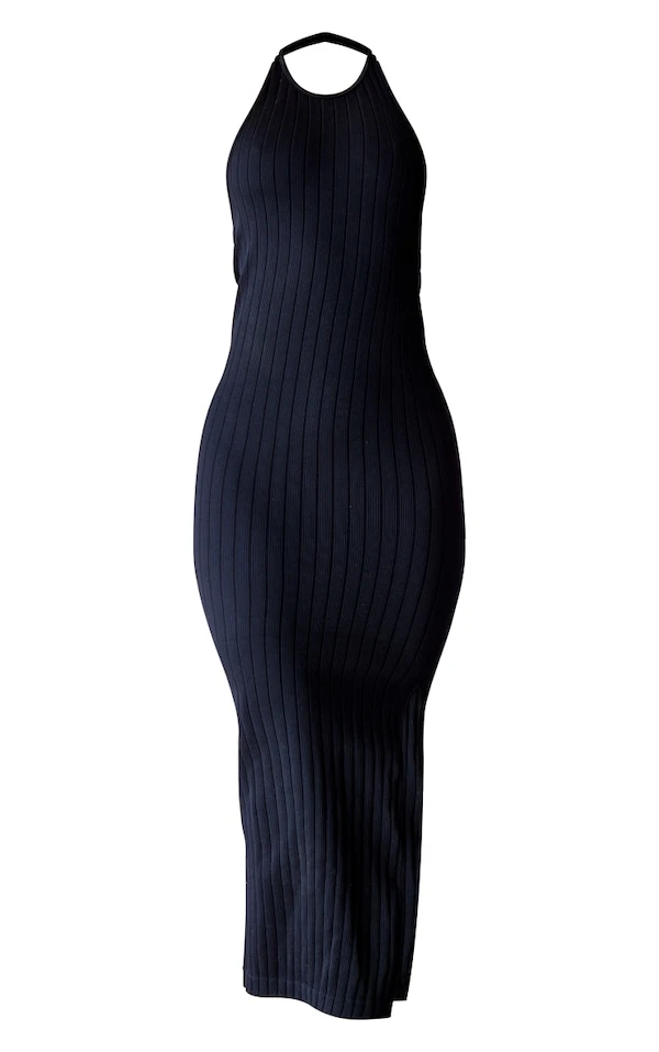 Robe Longue En Maille Côtelée Structurée Noire à Contours Et Dos Nu Arrondi 5 Robe Longue En Maille Côtelée Structurée Noire à Contours Et Dos Nu Arrondi – Image 5