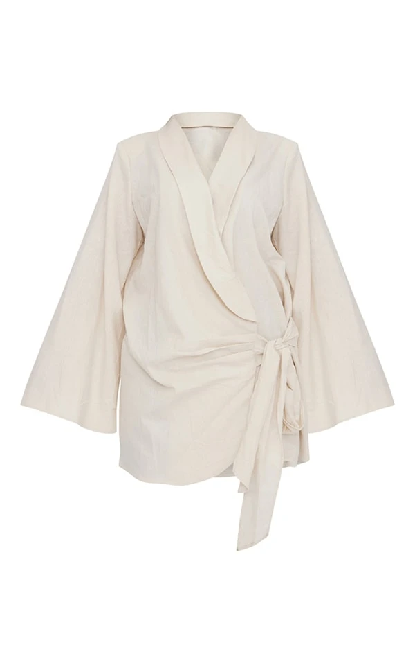 Robe Blazer Droite Blanc Cassé Effet Lin Très Décolletée à Détail Noué 5 Robe Blazer Droite Blanc Cassé Effet Lin Très Décolletée à Détail Noué – Image 5