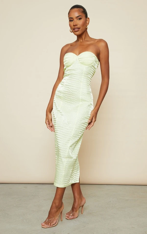 Robe Mi-longue Texturée Tissée Vert Citron à Détail Bonnets 5 Robe Mi-longue Texturée Tissée Vert Citron à Détail Bonnets – Image 5