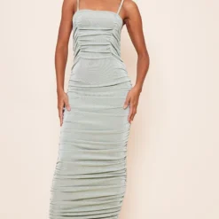 Robe Longue Moulante Froncée En Acétate Vert Sauge à Bretelles