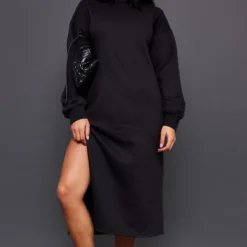 Robe Sweat Longue Noire à Col Montant Et Doublure En Polaire