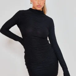 Robe Moulante Texturée Noire à Manches évasées -Jupe Lumine Soldes Boutique 38727927d46b92d2f4f215271459631d5eb1719f cna6682 3