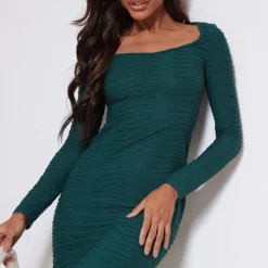Robe Longue Texturée Vert Sarcelle à Col Rond Et Manches Longues -Jupe Lumine Soldes Boutique 387e85b8de32800fd2cf9f8e4283255d6391025d cnb9613 4