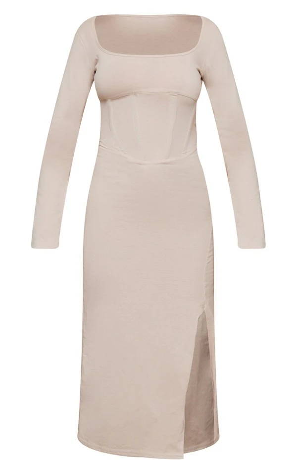 Robe Longue Fendue En Coton Gris Pierre à Coutures Style Corset Et Manches Longues 5 Robe Longue Fendue En Coton Gris Pierre à Coutures Style Corset Et Manches Longues – Image 5