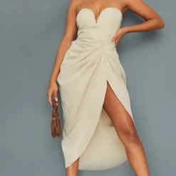 Robe Bustier Mi-longue En Maille Gris Pierre Ă Barre En V Et Fronces