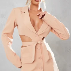 Robe Blazer Sable Décolletée Découpée à Détail Noué
