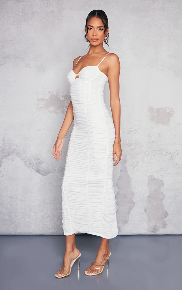 Robe Mi-longue En Mesh Blanc Froncé à Armatures Et Bretelles 3 Robe Mi-longue En Mesh Blanc Froncé à Armatures Et Bretelles – Image 3