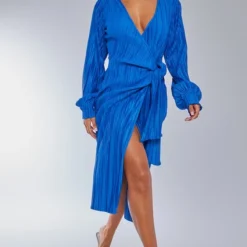 Robe Cache-coeur Mi-longue Bleu Vif Plissée à Manches Longues