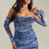 Robe Moulante En Mesh Bleu Imprimé Jean à épaules Dénudées
