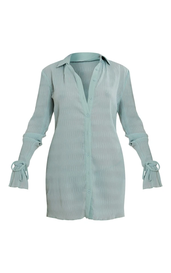 Robe Chemise En Mousseline De Soie Vert Sauge Texturée Transparente à Manchettes évasées 5 Robe Chemise En Mousseline De Soie Vert Sauge Texturée Transparente à Manchettes évasées – Image 5