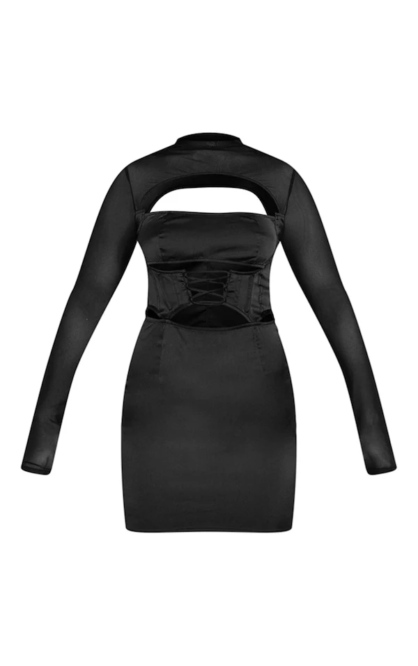 Robe Moulante Satinée Noire Lacée à Corset Et Manches Longues En Mesh 5 Robe Moulante Satinée Noire Lacée à Corset Et Manches Longues En Mesh – Image 5