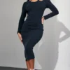 Zero Robe Longue Côtelée Bleu Marine Foncé à Découpes Et Manches Longues