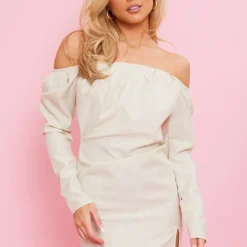 Robe Moulante Vert Sauge Effet Lin Plissée à Liserés Et Col Bardot