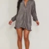 Robe Chemise Gris Anthracite Plissée à Ourlet Volanté