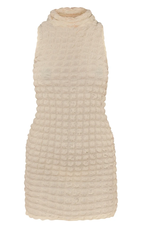 Robe Moulante Sans Manches Blanche Texturée Effet Bulle à Col Montant 5 Robe Moulante Sans Manches Blanche Texturée Effet Bulle à Col Montant – Image 5