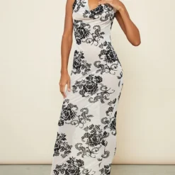 Robe Longue Transparente Nude à Fleurs Floquées Et Noeud