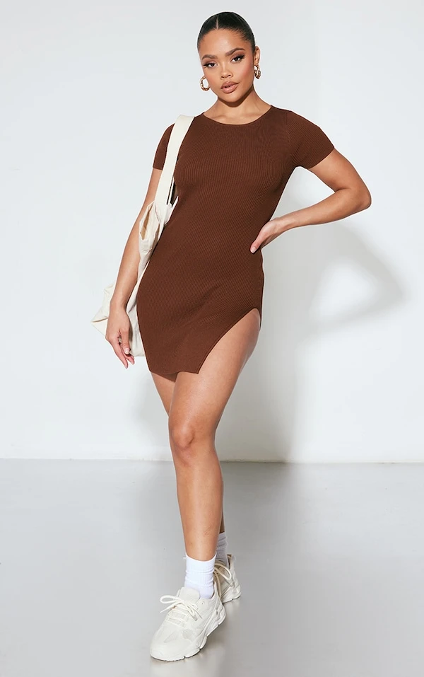 Robe Fendue Moulante En Maille Tricot Côtelée Chocolat 3 Robe Fendue Moulante En Maille Tricot Côtelée Chocolat – Image 3