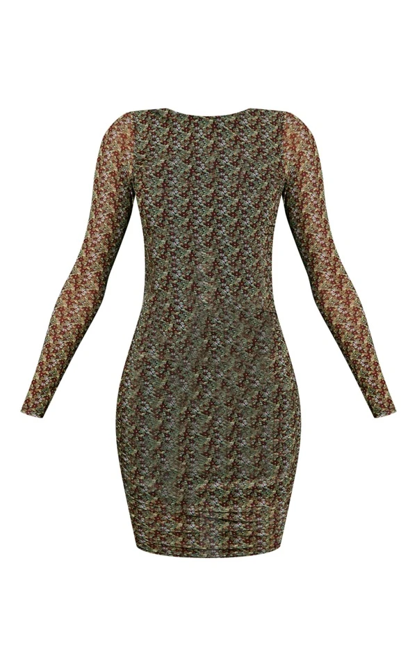 Robe Moulante En Mesh Kaki Imprimé Petites Fleurs à Détail Froncé 4 Robe Moulante En Mesh Kaki Imprimé Petites Fleurs à Détail Froncé – Image 4