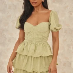 Robe Patineuse Vert Sauge Crêpée à Détail Bonnets Et Jupe étagée