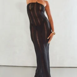 Robe Longue Texturée Ajourée Noire à Empiècement