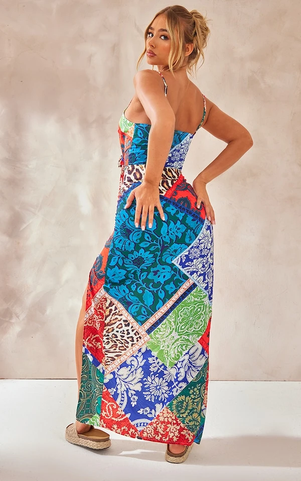 Robe Mi-longue Asymétrique Multicolore Imprimé Cachemire à Bretelles Et Liens à Nouer 2 Robe Mi-longue Asymétrique Multicolore Imprimé Cachemire à Bretelles Et Liens à Nouer – Image 2