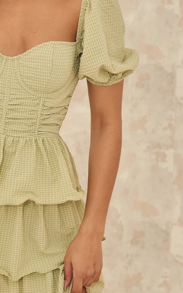 Robe Patineuse Vert Sauge Crêpée à Détail Bonnets Et Jupe étagée 4 Robe Patineuse Vert Sauge Crêpée à Détail Bonnets Et Jupe étagée – Image 4