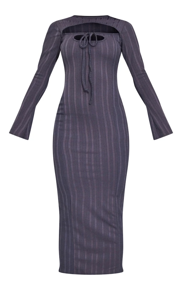 Robe Longue Côtelée Gris Anthracite Découpée à Nouer Dans Le Cou 5 Robe Longue Côtelée Gris Anthracite Découpée à Nouer Dans Le Cou – Image 5