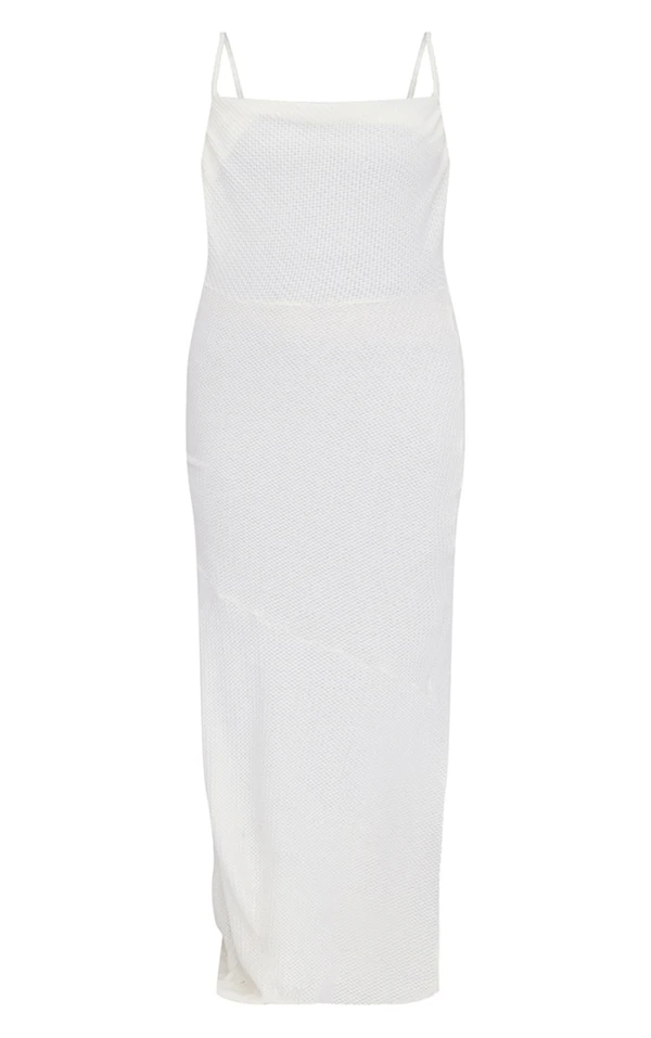 Robe Longue Blanche Transparente Texturée à Bretelles Et Col Bénitier 5 Robe Longue Blanche Transparente Texturée à Bretelles Et Col Bénitier – Image 5