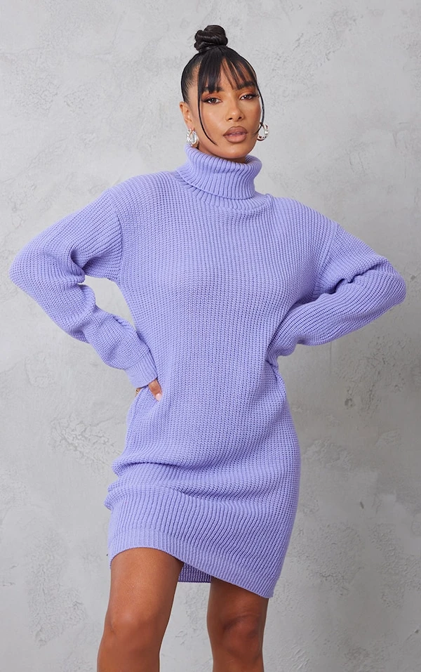 Robe Pull Oversize Lilas En Maille Chunky à Col Roulé 3 Robe Pull Oversize Lilas En Maille Chunky à Col Roulé – Image 3