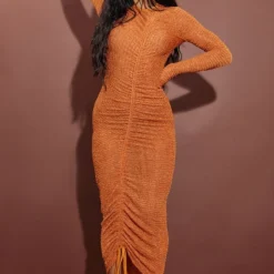 Robe Longue Texturée Froncée Rouille à Manches Longues -Jupe Lumine Soldes Boutique 4148988dc78c582a86f5a3d6d8e2d87f1d1e848a cmw4757 4