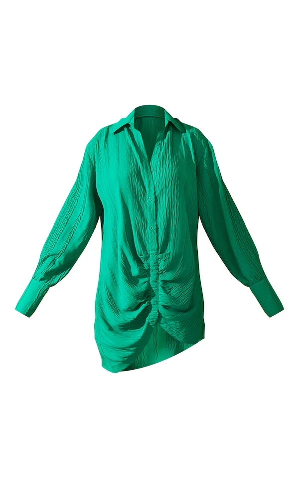 Robe Chemise Verte Froncée Devant Texturée à Manches Longues 6 Robe Chemise Verte Froncée Devant Texturée à Manches Longues – Image 6