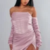 Label PLT Robe Satinée Rose à Corset Et Manches Froncées