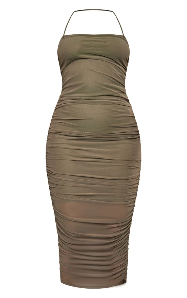 Robe Longue En Mesh Très Froncé Kaki Croisée Sur Le Cou 5 Robe Longue En Mesh Très Froncé Kaki Croisée Sur Le Cou – Image 5