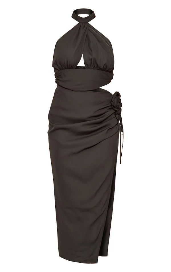 Robe Mi-longue En Mousseline De Soie Noire Découpée Dos Nu à Empiècement Rose 5 Robe Mi-longue En Mousseline De Soie Noire Découpée Dos Nu à Empiècement Rose – Image 5