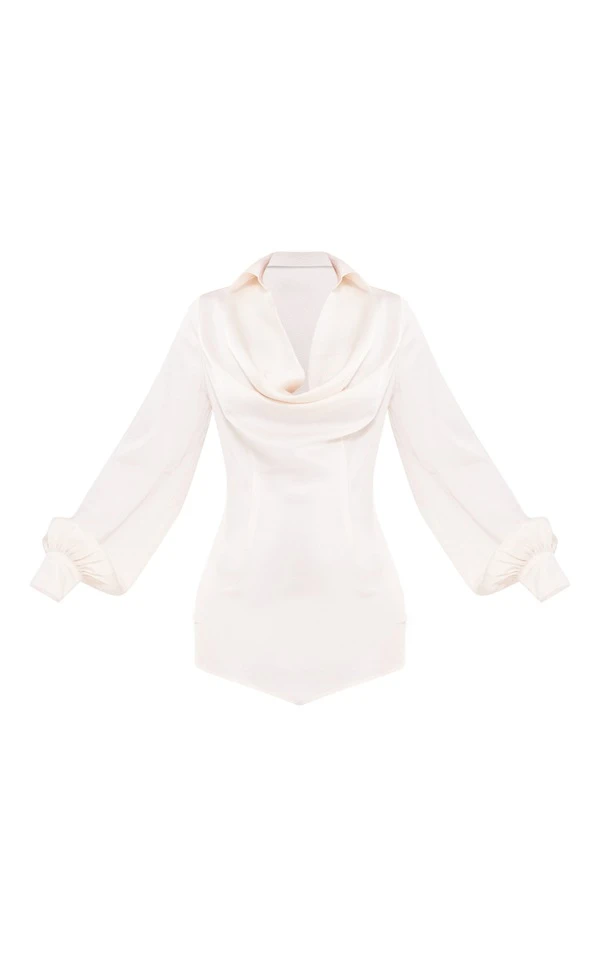 Robe-chemise Satinée Texturée Crème à Col Bénitier Détaillé 5 Robe-chemise Satinée Texturée Crème à Col Bénitier Détaillé – Image 5