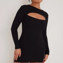 Robe Moulante Côtelée Noire à Découpe Et Manches Longues