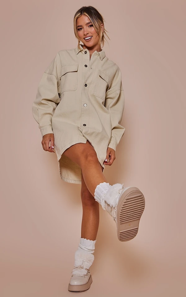 Robe Chemise Oversize En Jean Beige 1 Robe Chemise Oversize En Jean Beige