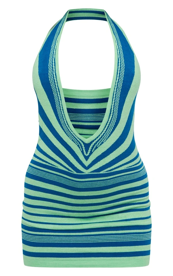 Robe En Maille Tricot Bicolore Verte à Rayures Abstraites Et Décolleté Plongeant 5 Robe En Maille Tricot Bicolore Verte à Rayures Abstraites Et Décolleté Plongeant – Image 5