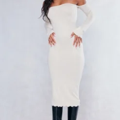 Logic Robe Longue Brossée En Jersey Avoine à Col Bardot