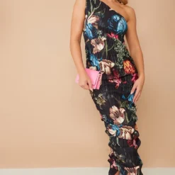 Robe Mi-longue Plissée Froncée Imprimé Fleuri Noire à épaule Unique