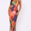 Robe Longue Asymétrique En Mesh Dévoré Multicolore Imprimé Fleurs Floues