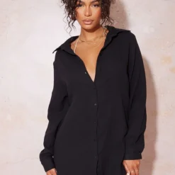 Diamond Robe Chemise De Plage Oversize Crêpée Douce Noire