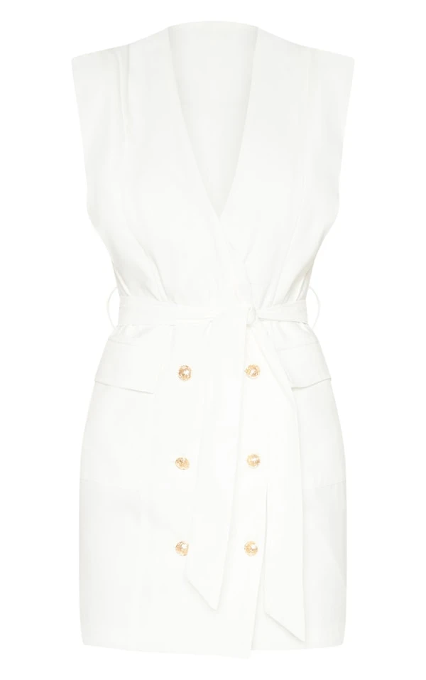 Robe Blanche Style Blazer Sans Manches à Boutons Dorés 3 Robe Blanche Style Blazer Sans Manches à Boutons Dorés – Image 3