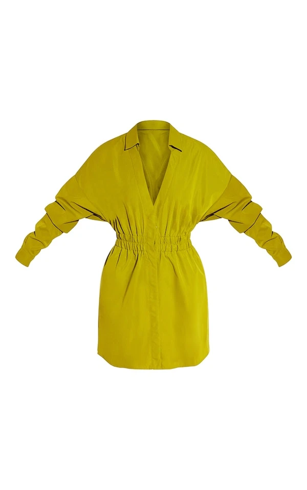 Robe Chemise Vert Olive Oversize à Taille Froncée 5 Robe Chemise Vert Olive Oversize à Taille Froncée – Image 5