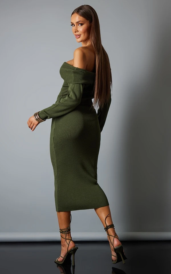 Robe Mi-longue Kaki En Maille Tricot à Col Bardot 2 Robe Mi-longue Kaki En Maille Tricot à Col Bardot – Image 2