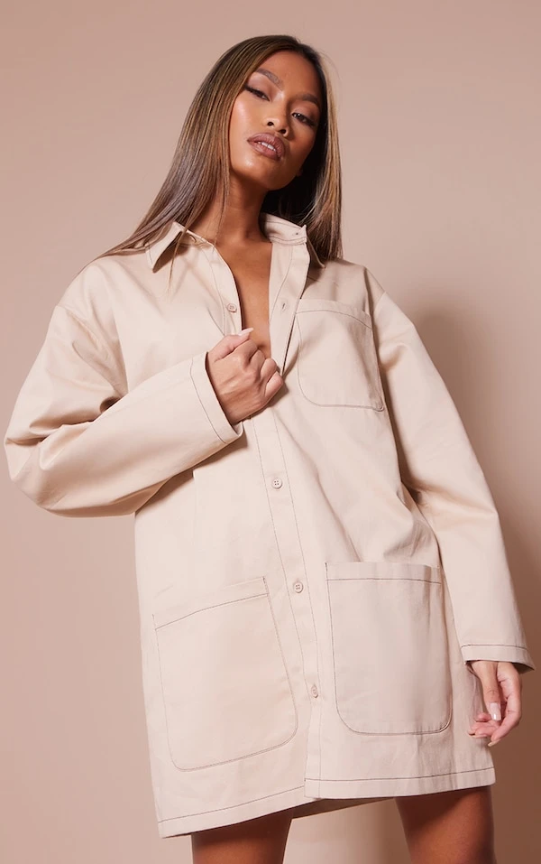 Robe Chemise Sable à Coutures Contrastantes Et Poches Cargo 5 Robe Chemise Sable à Coutures Contrastantes Et Poches Cargo – Image 5