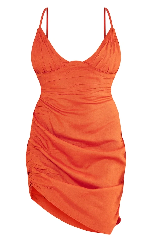 Robe Moulante Effet Lin Rouille Plissée Décolletée à Bretelles 5 Robe Moulante Effet Lin Rouille Plissée Décolletée à Bretelles – Image 5