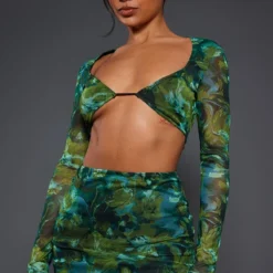 Robe Moulante En Mesh Vert Imprimé Abstrait à Manches Longues Et Découpes